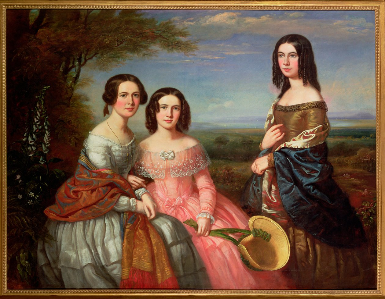 Ett gruppporträtt av tre flickor, tre fjärdedels längd, i ett landskap, 1849 av William Baker