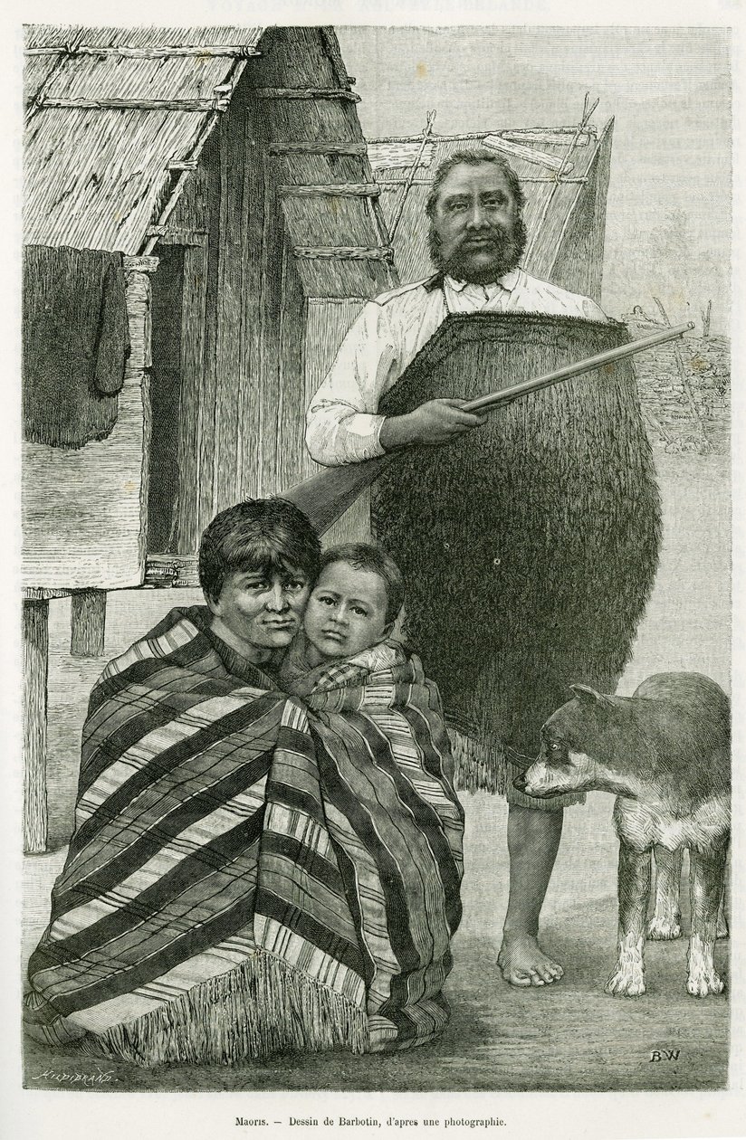 Tre generationer maori. Gravyr av Barbotin, för att illustrera berättelsen Voyage to New Zealand, 1889, av G. Verschuur, i The Round the World 1890, regisserad av Edouard Charton (1807-1890), Hachette, Paris. av William Barbotin