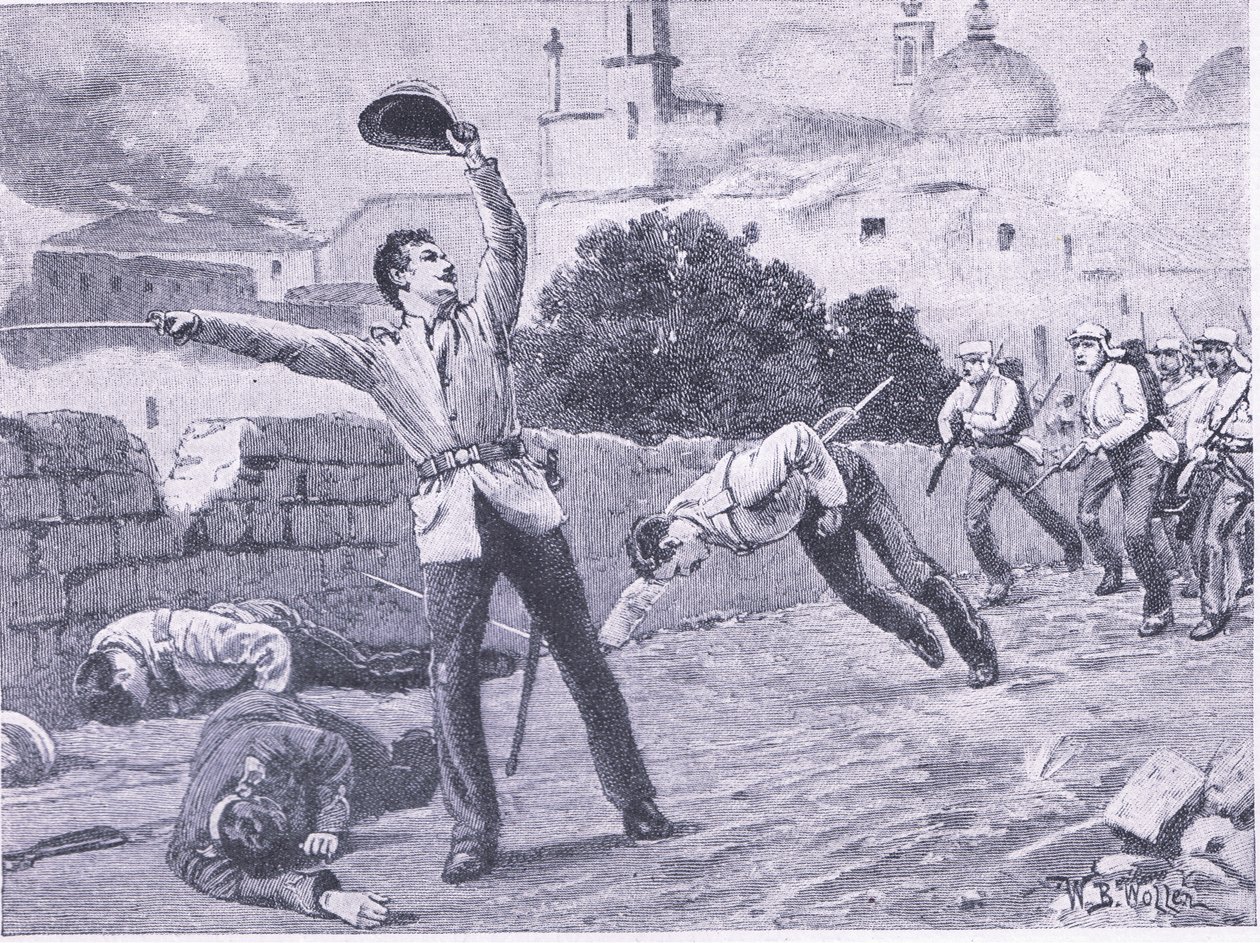Carrying the Charbagu Bridge, Lucknow 25 september 1857, illustration från brittiska Battles on Land and Sea, 1915 av William Barnes Wollen