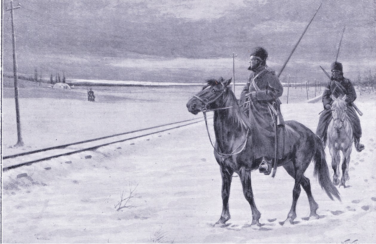 Vaktar järnvägen nära Mukden, illustration från Cassells History of the Russian-Japanese War Vol 1, c.1900 av William Barnes Wollen