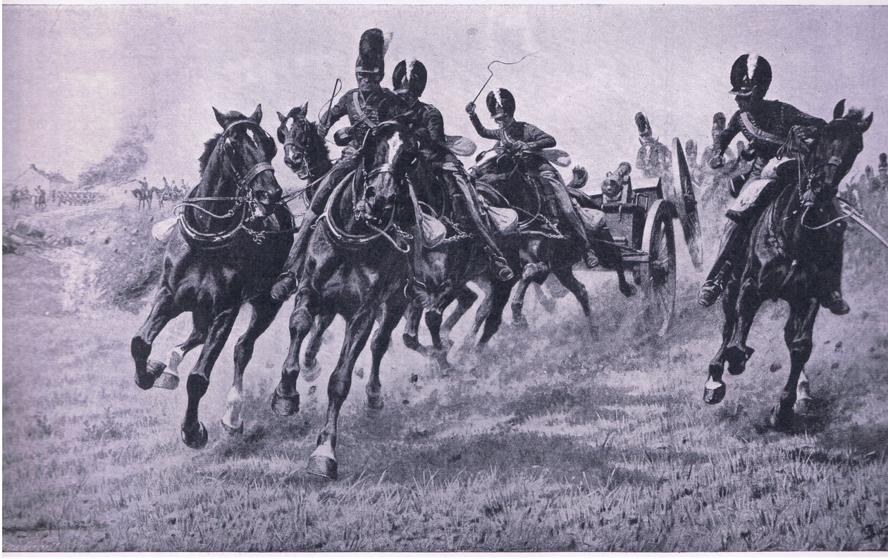 Gevär till fronten: Waterloo 18 juni 1815, illustration från British Battles on Land and Sea, 1915 av William Barnes Wollen