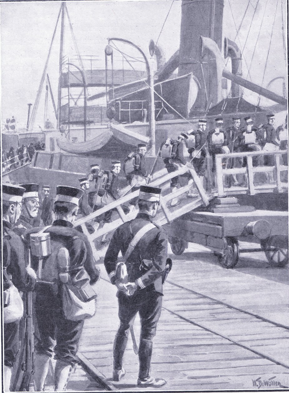 Japanska trupper som går ombord på Kobe, illustration från Cassells History of the Russian-Japanese War Vol 1, c.1900 av William Barnes Wollen