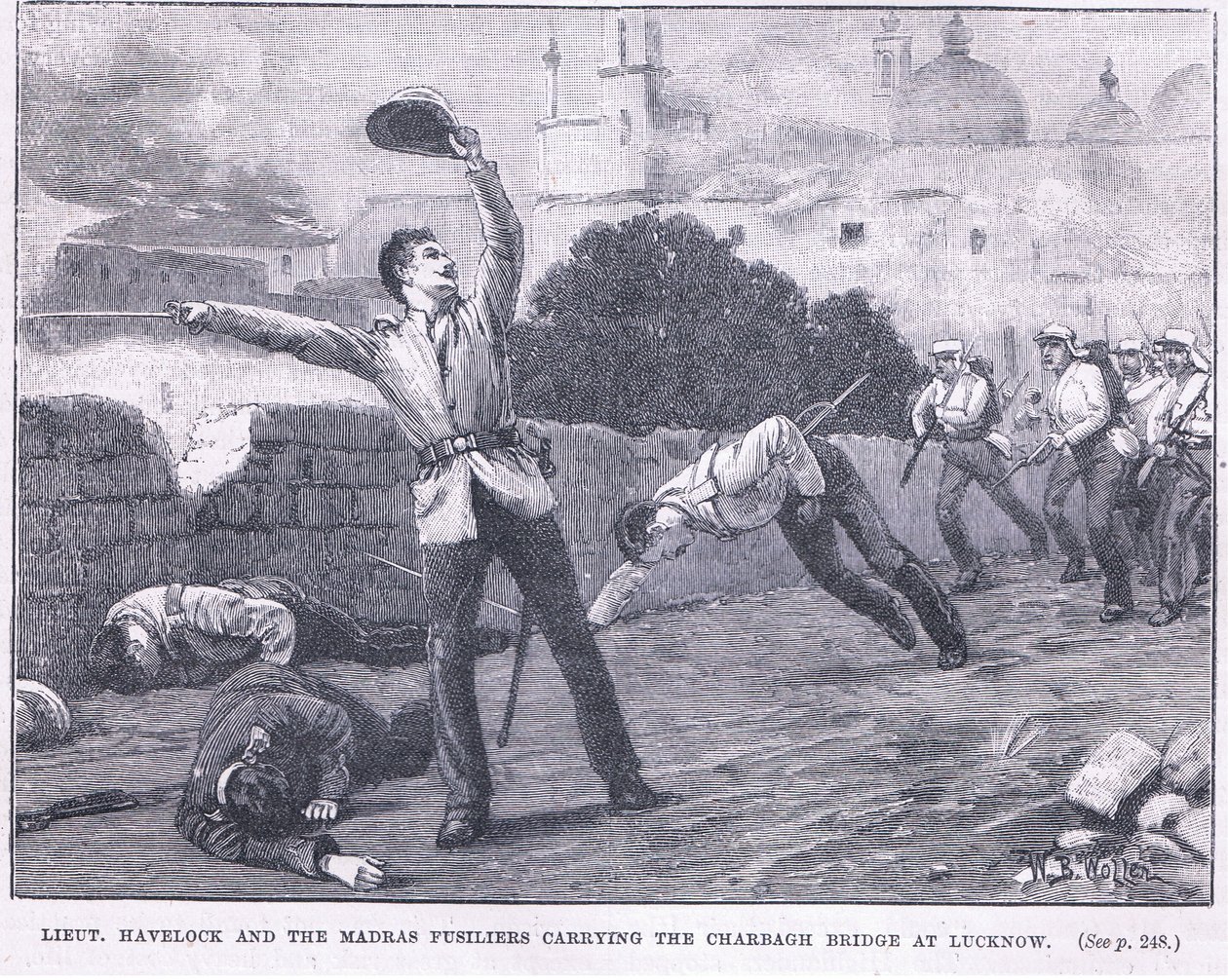 Lieut. Havelock och Madras fusiliers som bär Charbagh-bron vid Lucknow 1857 AD av William Barnes Wollen
