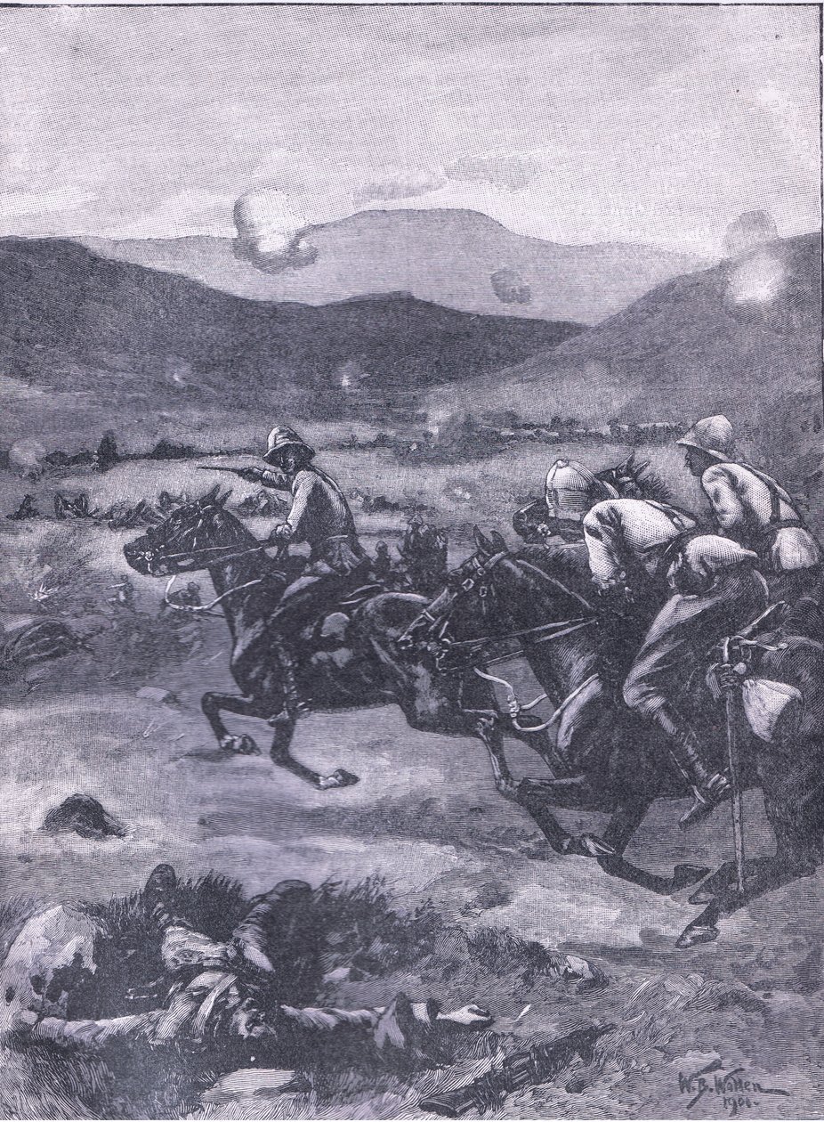 Slaget vid Colenso: Löjtnant Roberts galopperar för att hämta katastrofen till vapnen., illustration från Cassells History of England, 1900-talet av William Barnes Wollen
