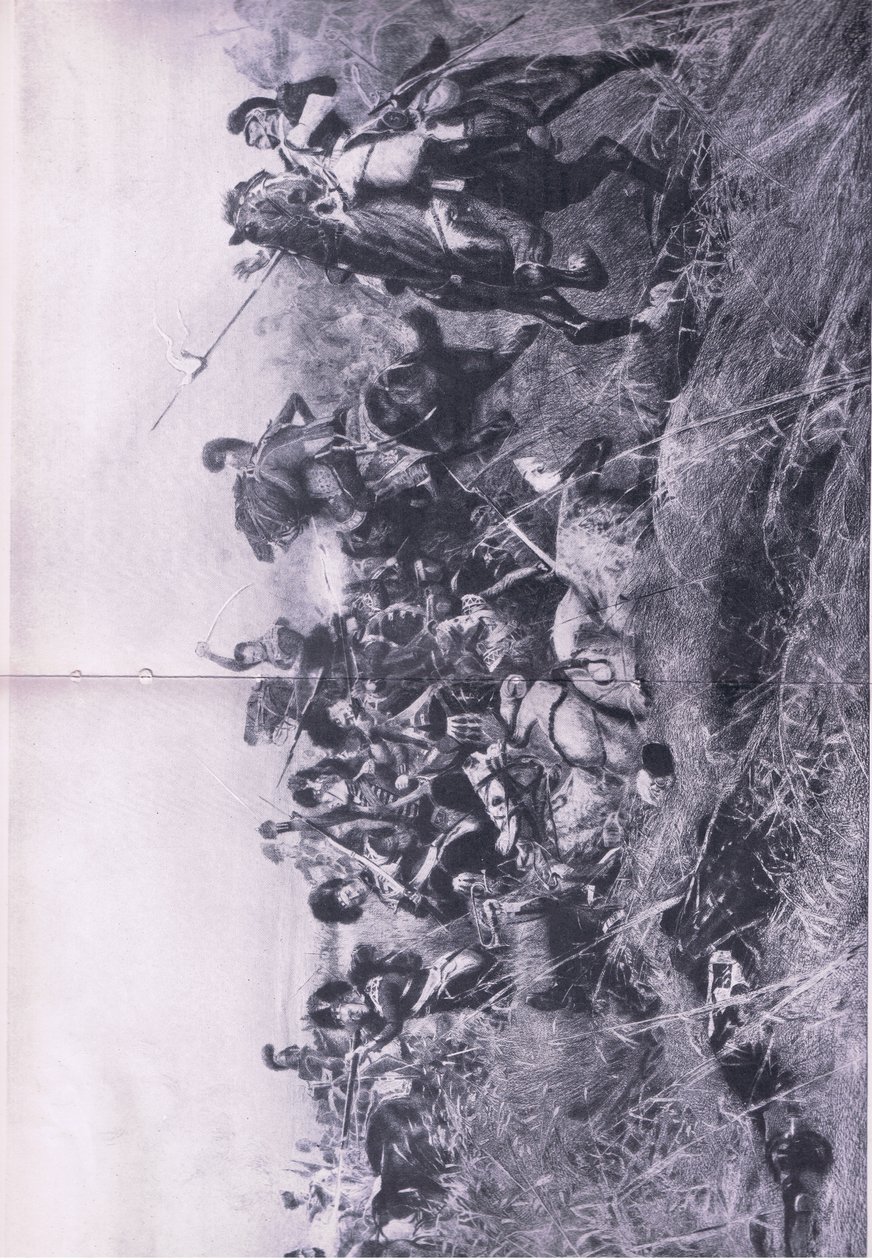 The Black Watch at the Battle of Quatre Bras 16 juni 1815, illustration från brittiska Battles on Land and Sea, 1915 av William Barnes Wollen