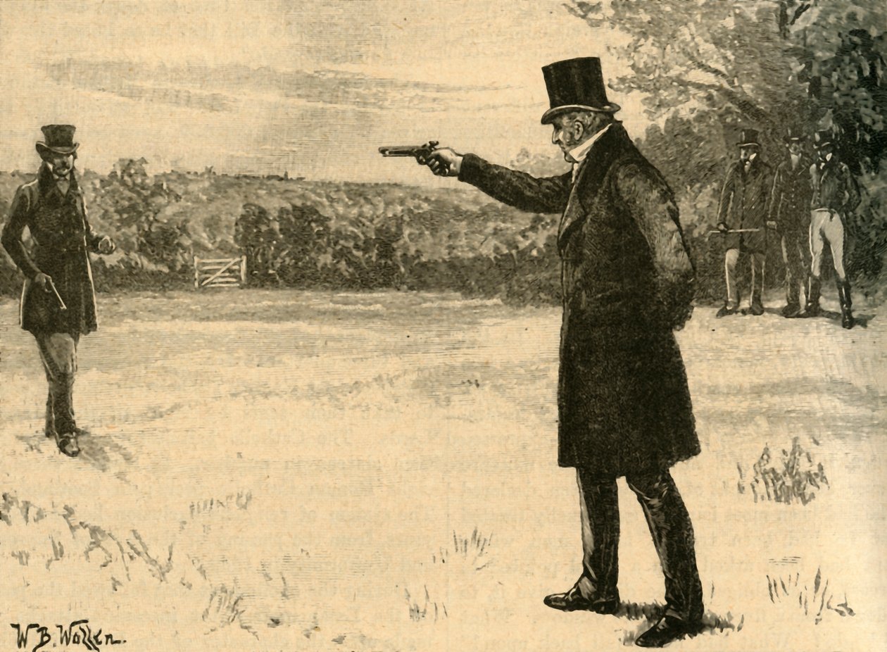 The Duke of Wellingtons duellerar med Earl of Winchilsea, Battersea Fields, London, 1829 c1890. av William Barnes Wollen
