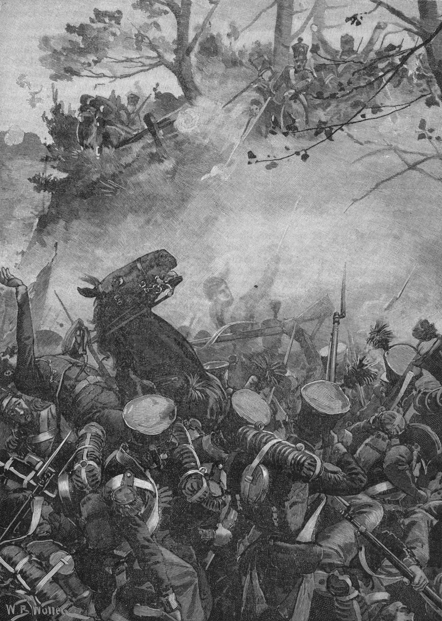 Fransmännen rusade fram med triumferande skrik och sköt ner i den ihåliga vägen, 1902 av William Barnes Wollen