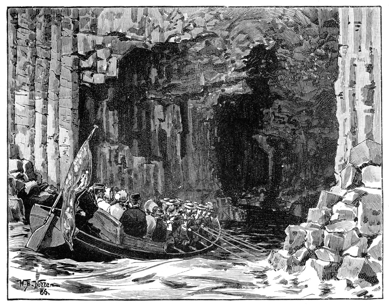 Det kungliga besöket i Fingals Cave, Staffa, Skottland, 1847, 1900. av William Barnes Wollen