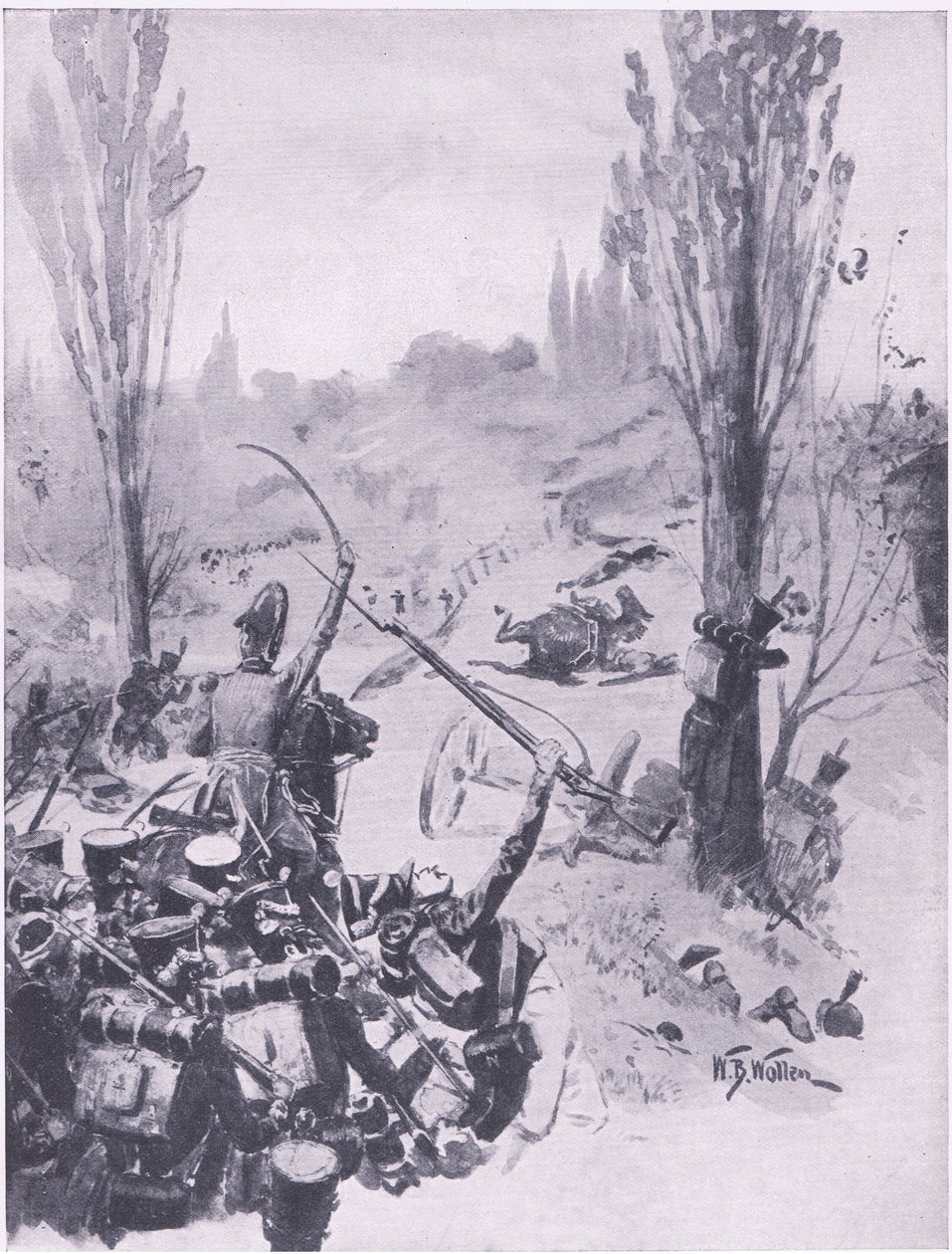 De franska truppernas frammarsch vid Ligny, 16 juni 1815, illustration från brittiska striderna på land och hav, 1915 av William Barnes Wollen