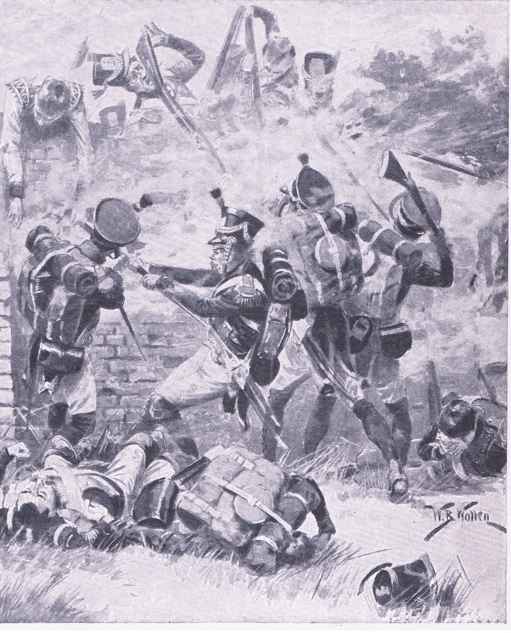 Attacken mot muren i Hougomont: Waterloo 1815, illustration från British Battles on Land and Sea, 1915 av William Barnes Wollen