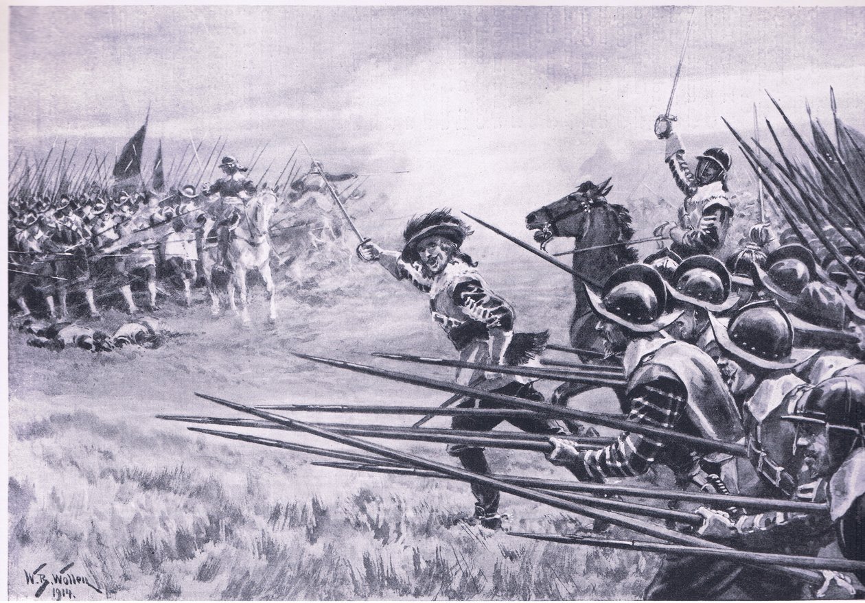 Anfallet för det rojalistiska infanteriet vid Naseby, juni 1645, illustration från brittiska striderna på land och hav, 1915 av William Barnes Wollen