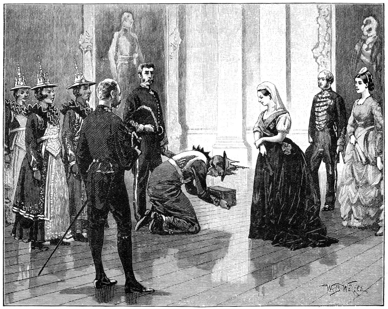 Drottningen tar emot den burmesiska ambassaden, mitten av slutet av 1800-talet, 1900. av William Barnes Wollen