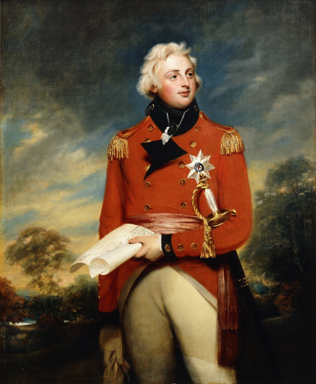 Porträtt av William Frederick, 2:a hertigen av Gloucester, tre fjärdedels längd, iklädd uniformen av överste av 3:e gardet och bröststjärnan av Strumpebandsorden och håller en kampanjplan, i ett skogslandskap, av William Beechey