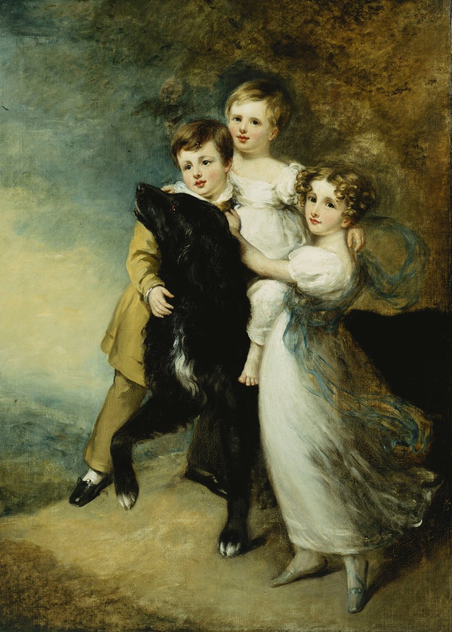 Tre barn med en hund i ett landskap, av William Beechey