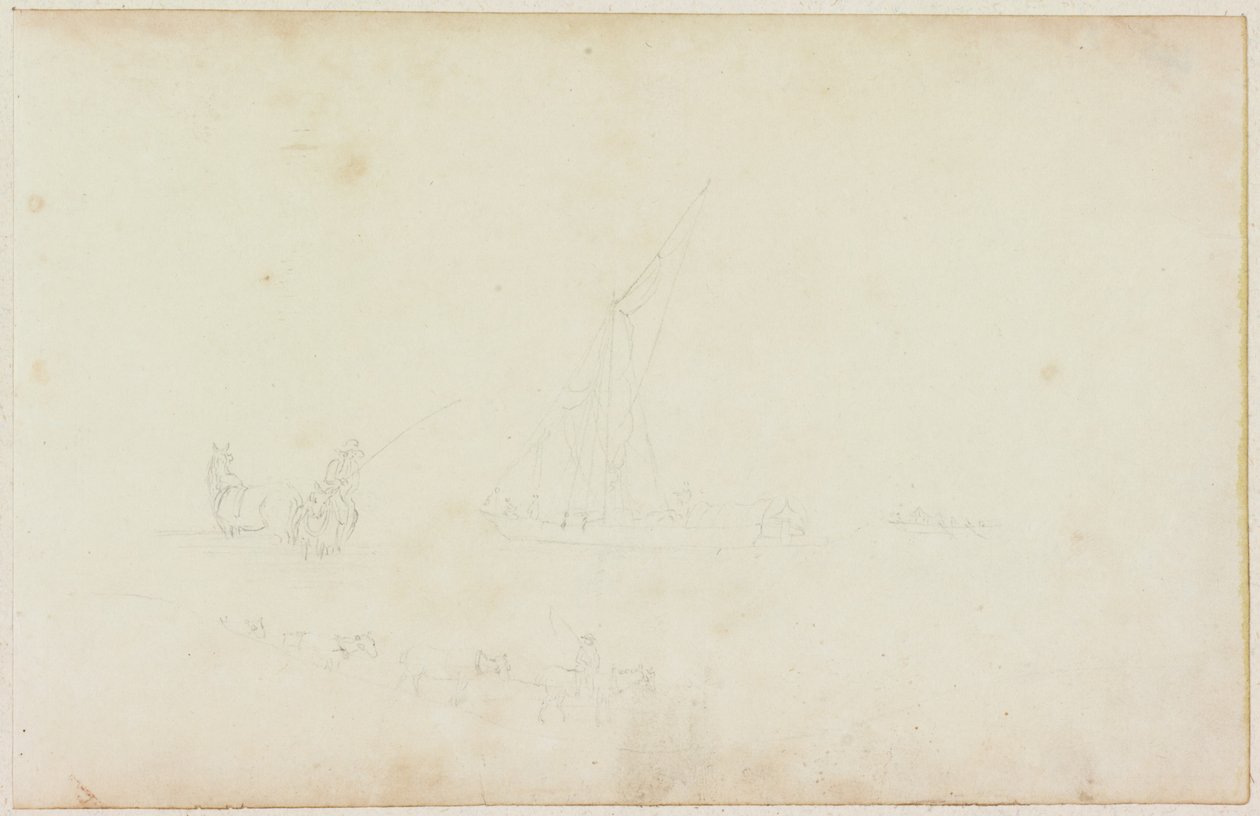 Skiss av fartygsroddbåt och ryttare med linje av hästar (penna på papper (på papper med M746)) av William Beilby