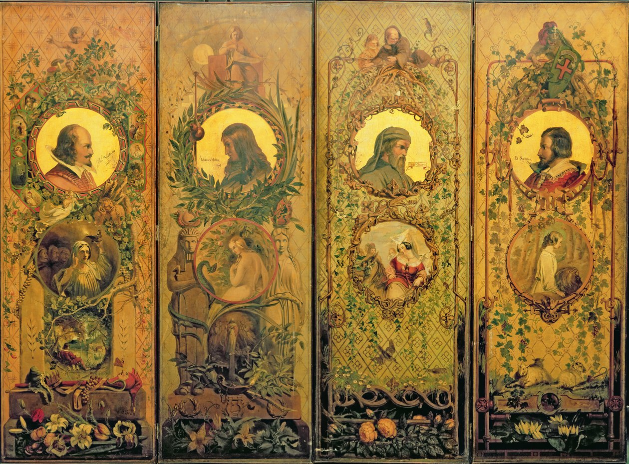 En skärm med fyra blad med porträtt av Shakespeare, Milton, Chaucer och Spenser av William Bell Scott