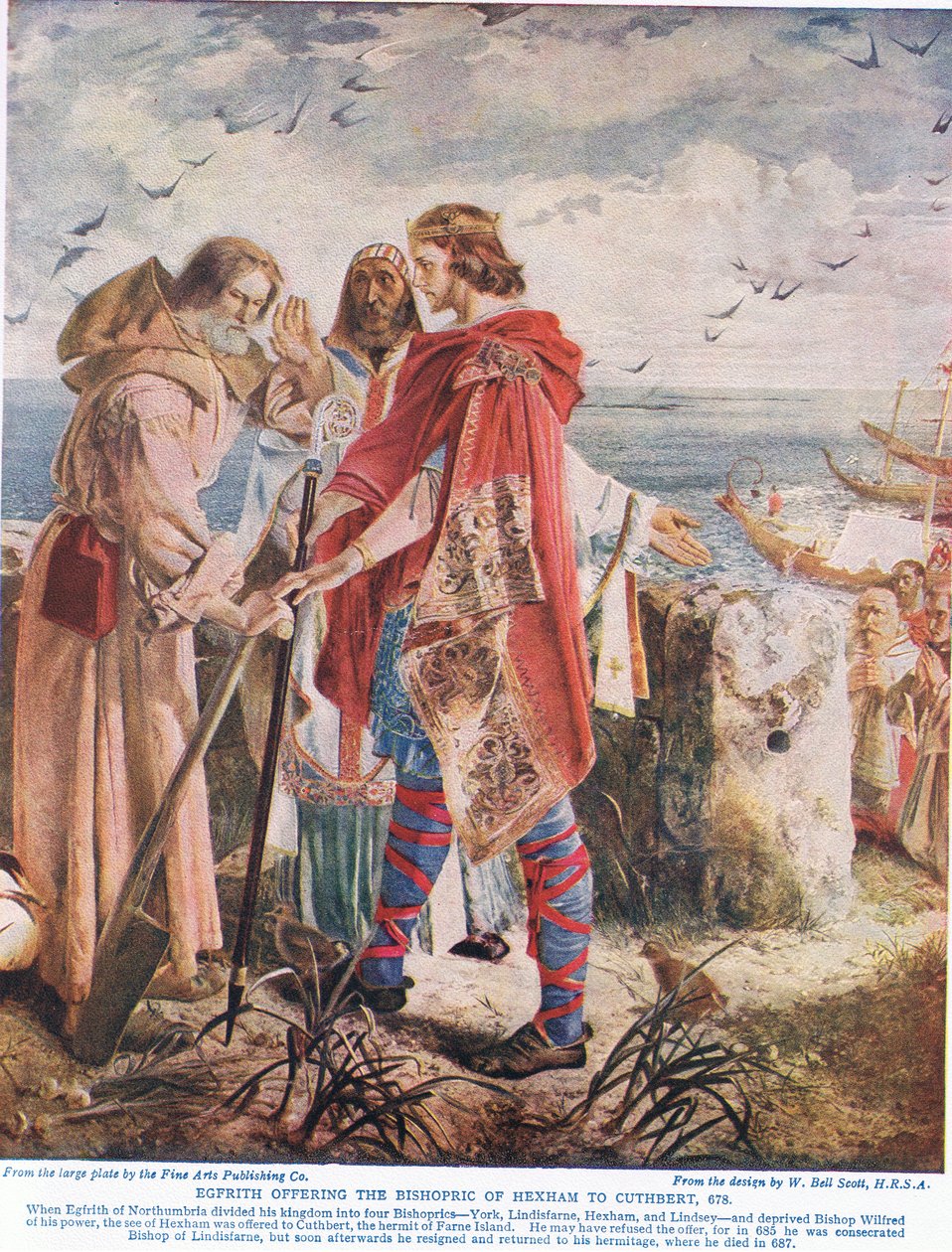 Egfrith erbjuder biskopsrådet i Hexham till Cuthbert, 678, illustration från 