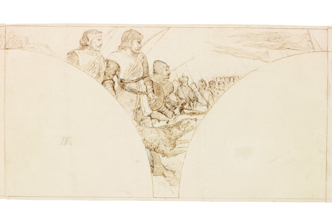 Skiss för väggmålning i Wallington Hall (bläck och penna på papper (klistrad på kort)) av William Bell Scott