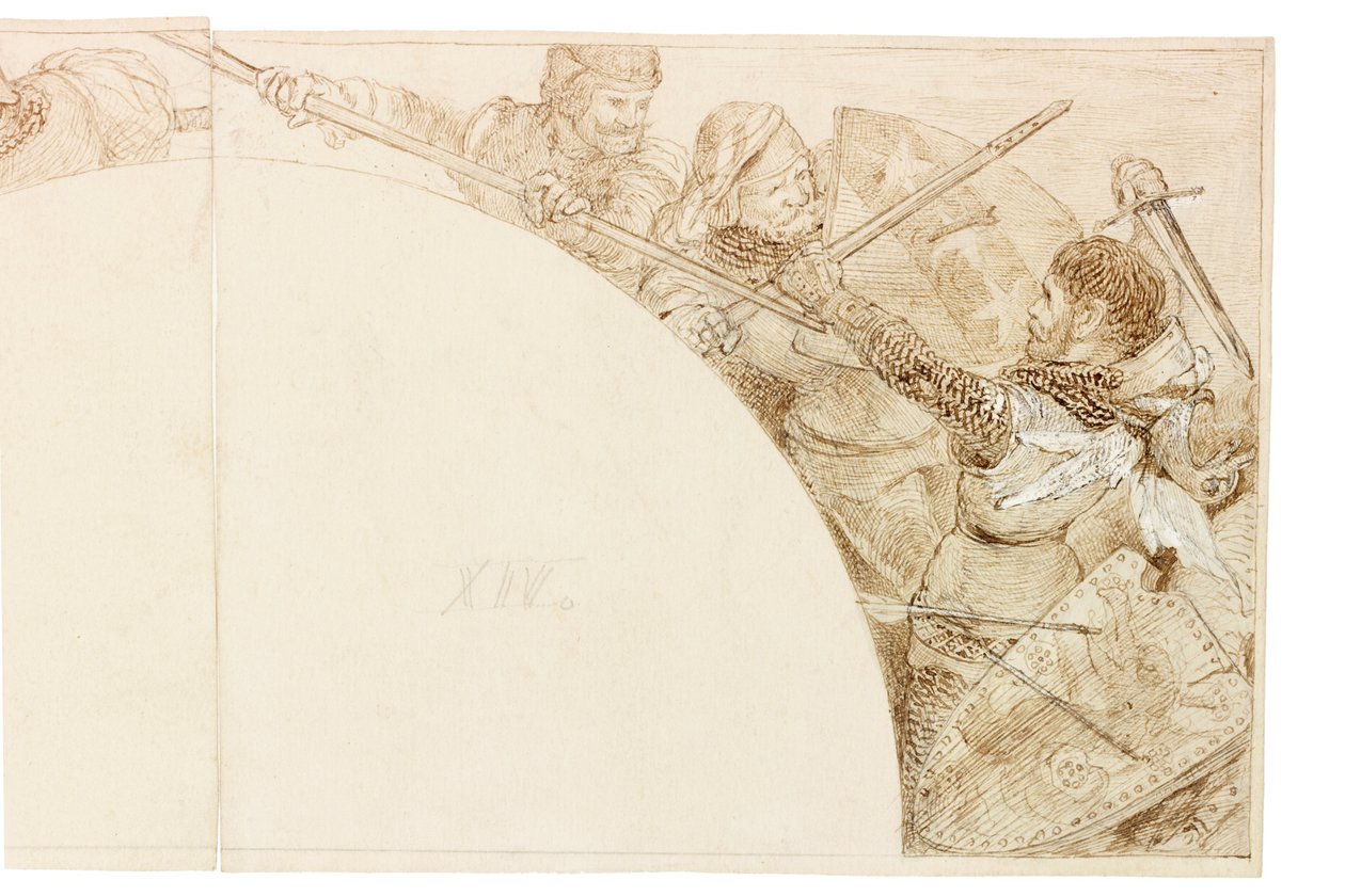 Skiss till väggmålning i Wallington Hall (bläck och blyertspenna på papper (klistrat på kort)) av William Bell Scott