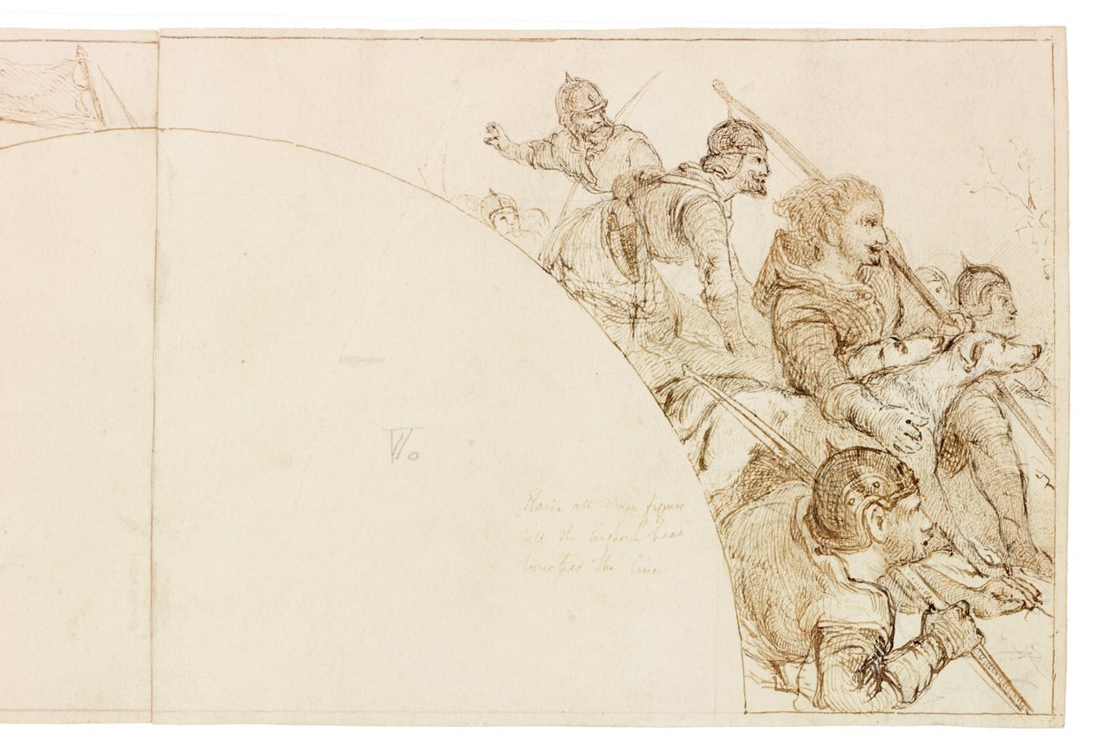 Skiss för väggmålning i Wallington Hall (bläck och penna på papper (klistrad på kort)) av William Bell Scott
