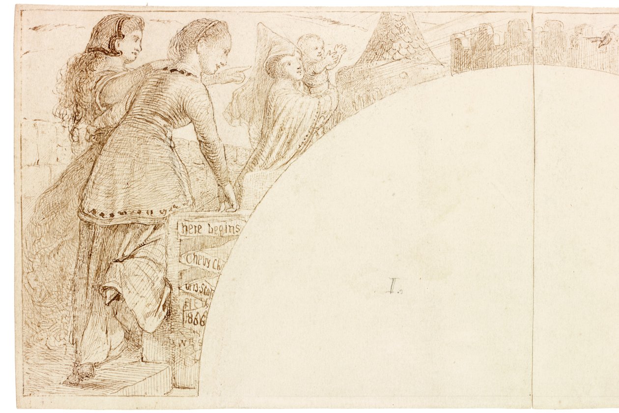 Skiss för väggmålning i Wallington Hall (bläck och penna på papper (klistrad på kort)) av William Bell Scott