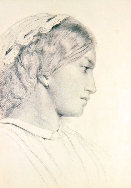 Studie av ett flickhuvud (blyerts på papper) av William Bell Scott