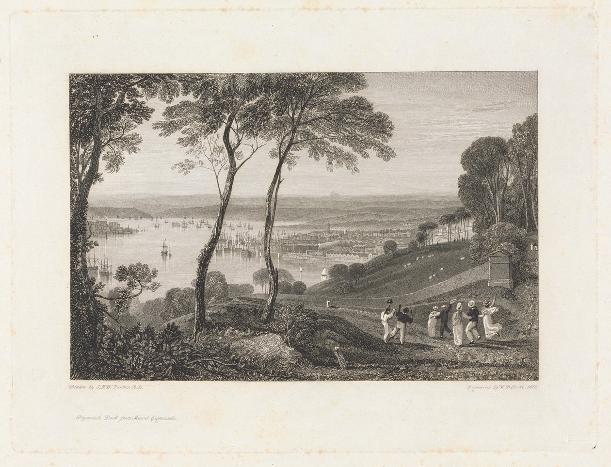 Plymouth Dock, från Mount Edgecumbe av William Bernard Cooke