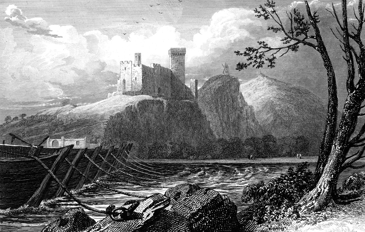 Slottet i Beaucaire och en bro av båtar över Rhône, Frankrike, 1824. av William Bernard Cooke