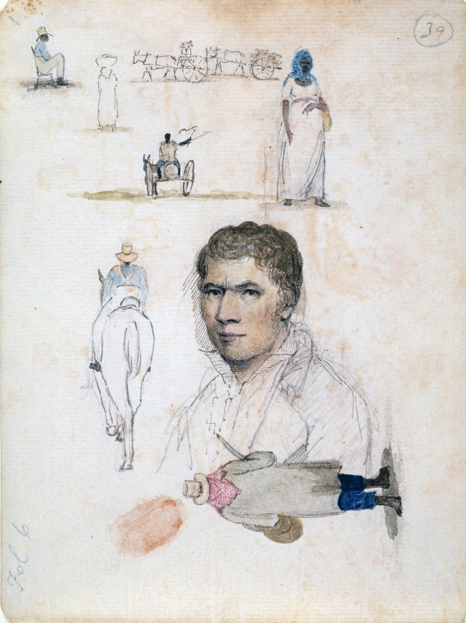 Åtta små teckningar, inklusive porträtt, figurstudier, vagnar, av konstnären William Berryman. av William Berryman