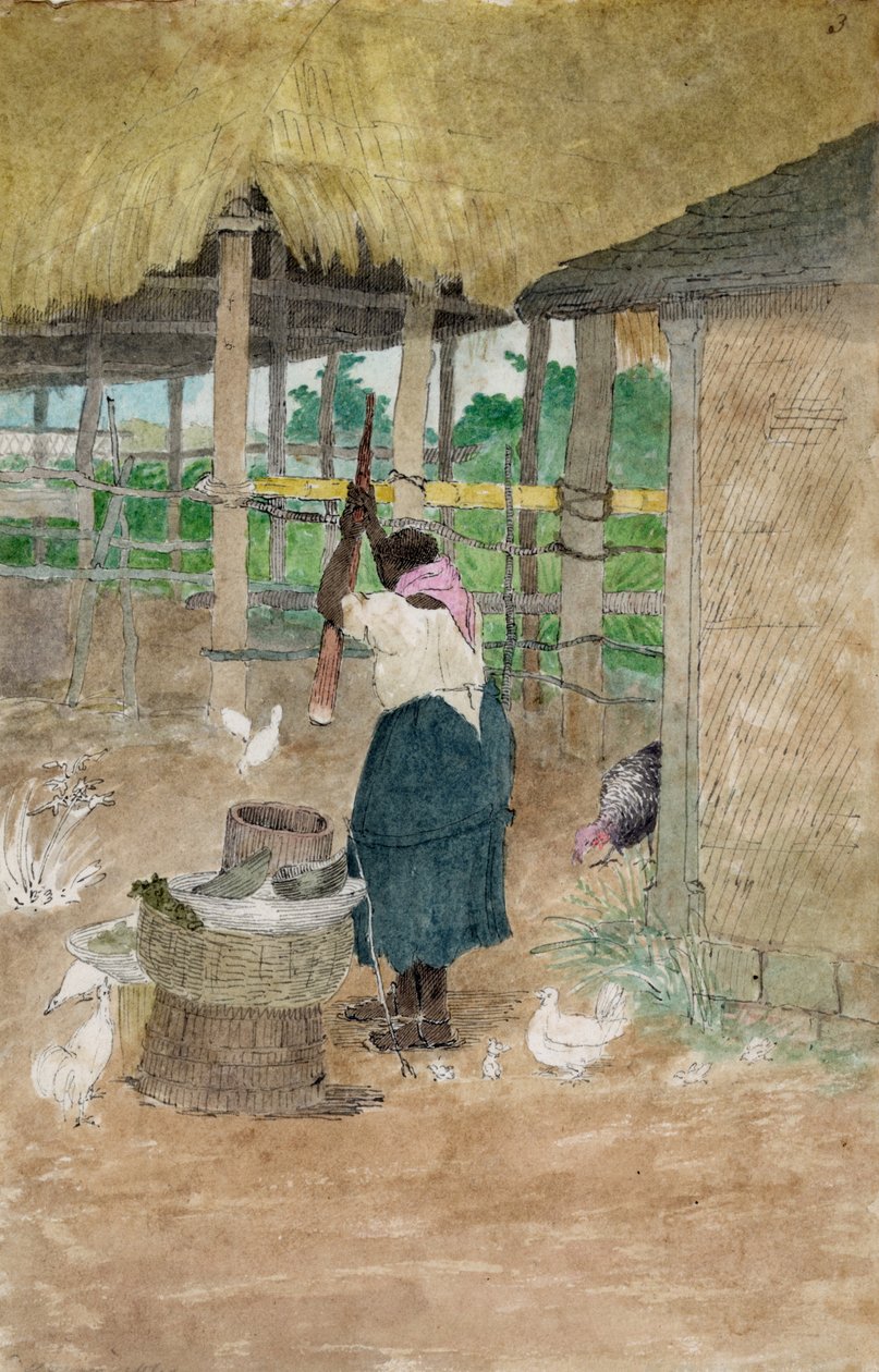 Kvinna som slår kassava, Jamaica av William Berryman, verksam på Jamaica under perioden 1808-1816. av William Berryman