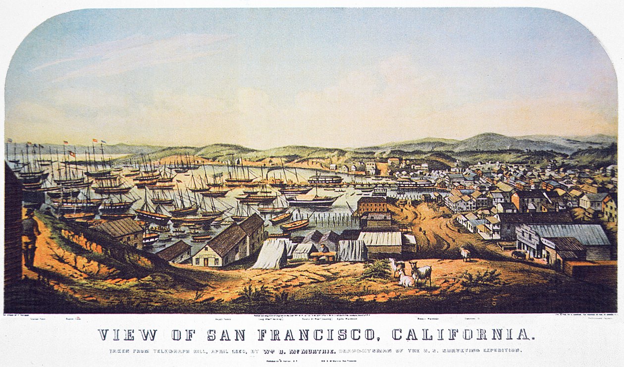 Utsikt över San Francisco, Kalifornien, från Telegraph Hill, april 1850 (lito i färg) av William Birch McMurtrie