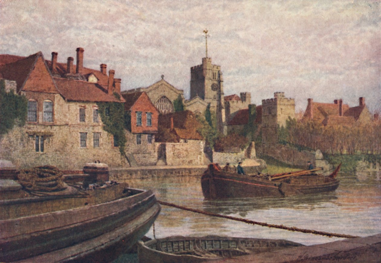 Maidstone. Baksidan av det antika palatset, kyrkan och Old College från andra sidan Medway, c1900 av William Biscombe Gardner