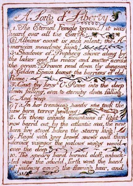 En sång om friheten, text från "The Marriage of Heaven and Hell", ca 1790-3 (reliefradering med penn- och akvarellfärg som avslutning) av William Blake