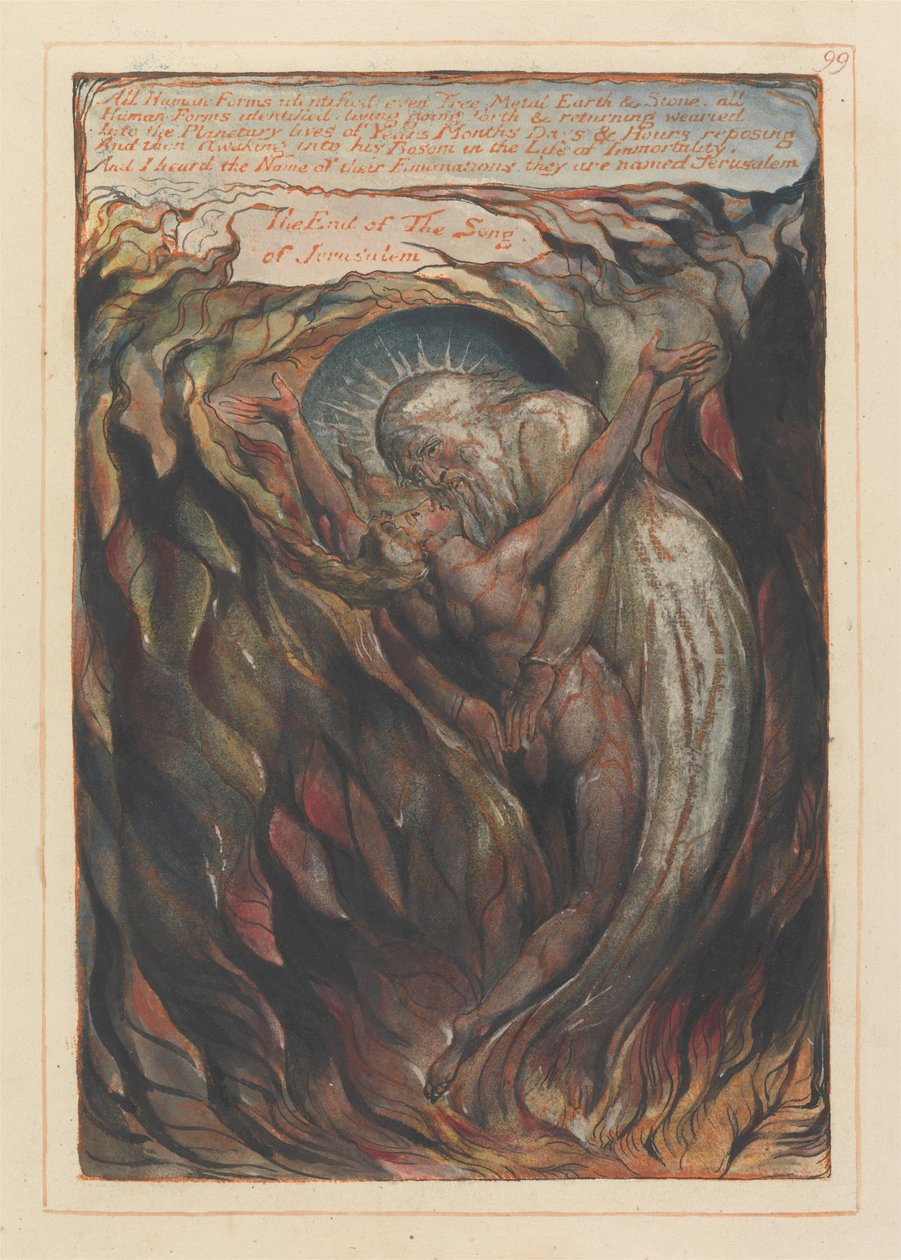 ”Alla mänskliga gestalter identifierade... Slutet på Jerusalems sång” kolofon (plansch 99) av William Blake