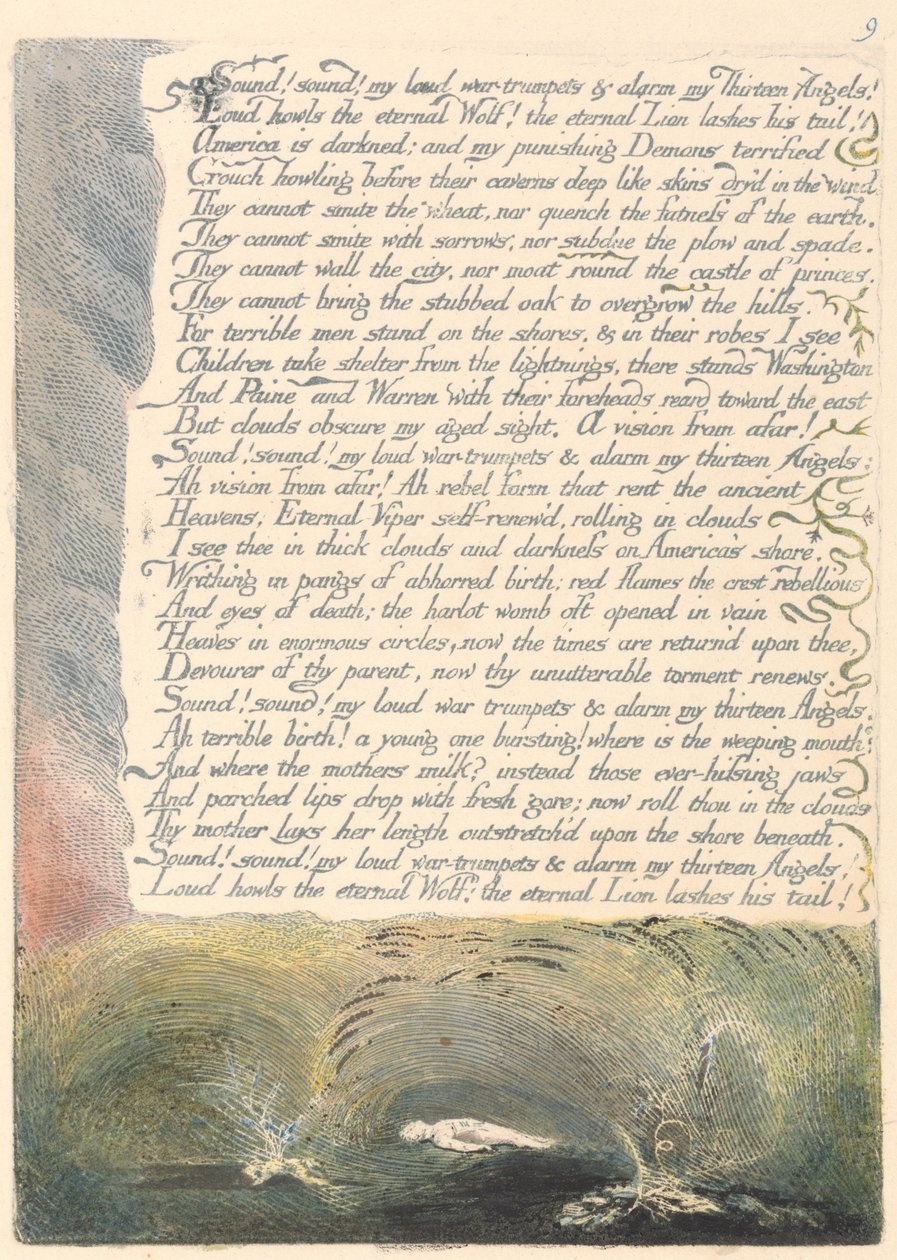 Amerika. En profetia, platta 11, ljud! Ljud! Mina högljudda krigstrumpeter .... av William Blake