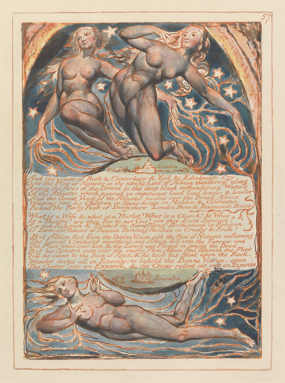 "Och rösterna från Bath, Canterbury, York och Edinburgh ropar..." (Plansch 57) av William Blake