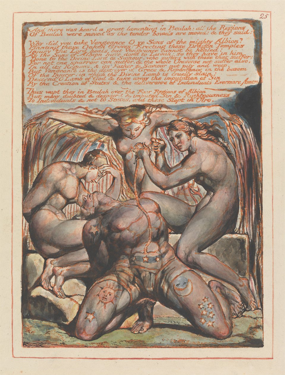 ”Och ett stort klagande hördes i Beulah...”; slutvinjett till kapitel 1 (plansch 25) av William Blake