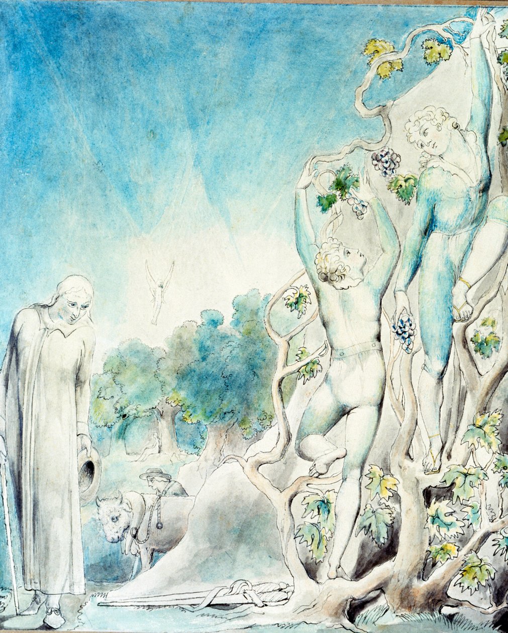 Comus träffar en av bröderna som är upptagen med att plocka frukt att mata Lady. 1800-talet (akvarell) av William Blake