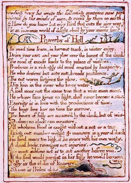 "I samband med att han förgiftade eldar skrev han följande...", text från "The Marriage of Heaven and Hell", c.1790-3 (reliefgrafitering med penn- och akvarellfärg som avslutning) av William Blake