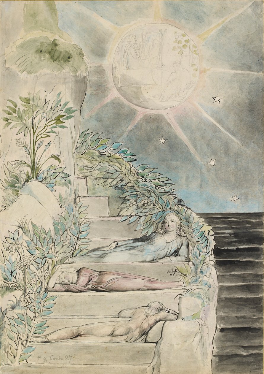 Dante och Statius sover, Vergilius tittar på illustrationen till "Den gudomliga komedin", Purgatorio XXVII, av William Blake