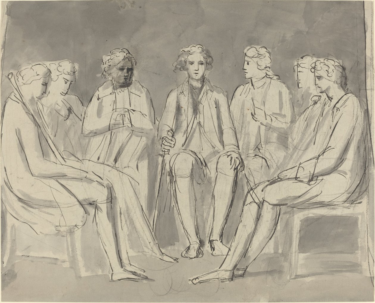 Grupp män som sitter i en cirkel [recto] av William Blake