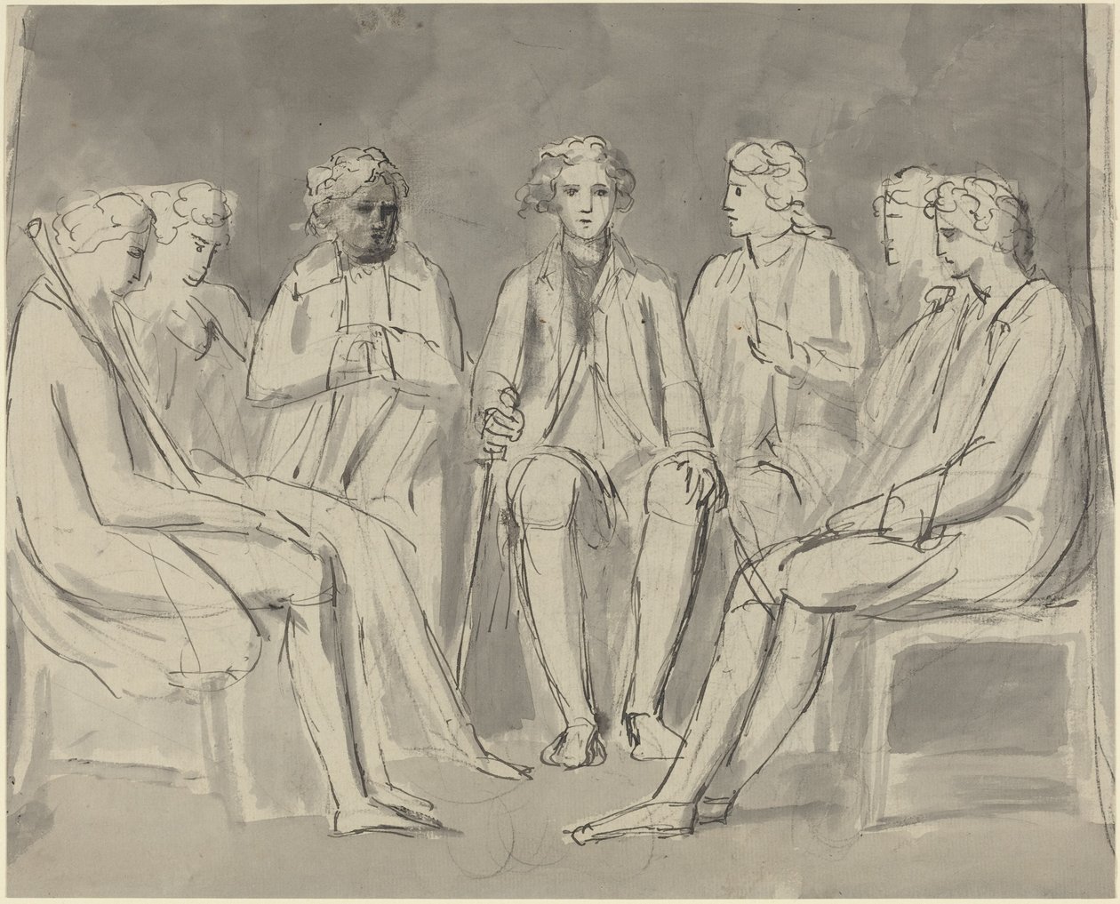 Grupp män sittande i en cirkel [recto] av William Blake