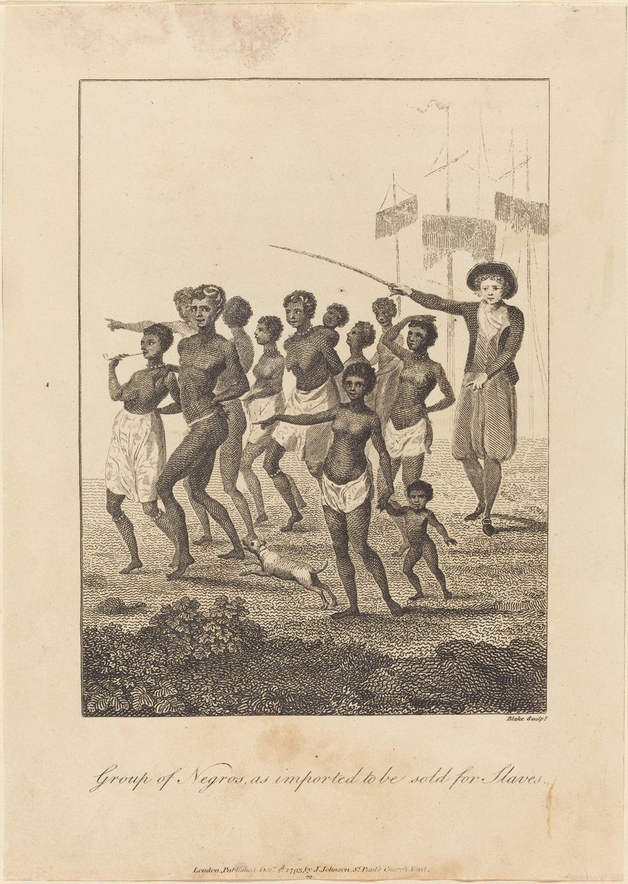 Grupp av svarta människor, importerade för att säljas för slavar, 1793. av William Blake