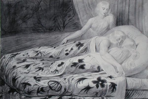 Har och Heva sover med Mnetha som vaktar dem, illustration från 