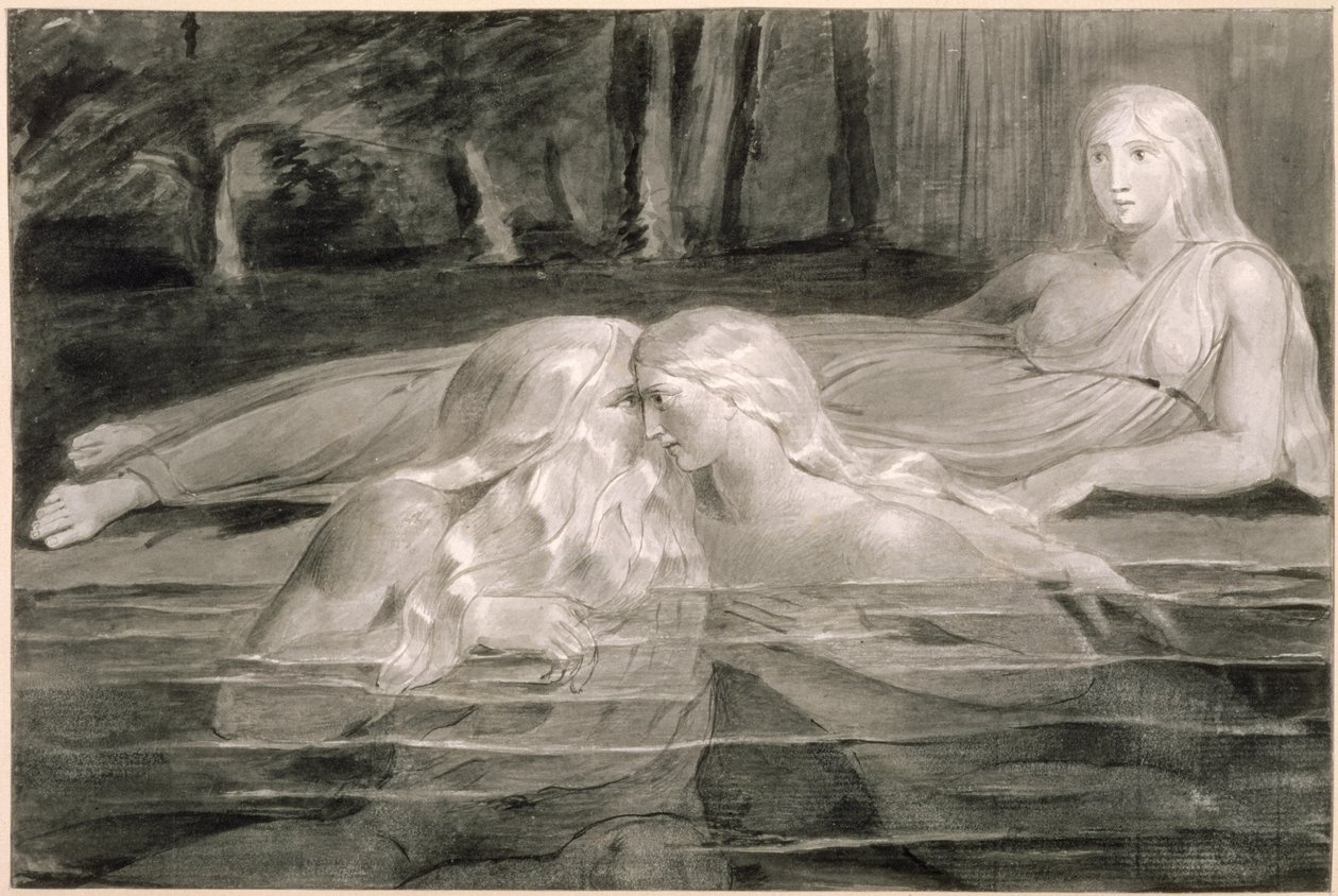 Har och Heva badar, Mnetha tittar på, ca 1785-89 (pensel, bläck och tvätt på papper) av William Blake