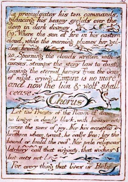"Han utfärdar sina tio befallningar...", text från "The Marriage of Heaven and Hell", ca 1790-3 (reliefgrafitering med penn- och akvarellfärg som avslutning) av William Blake