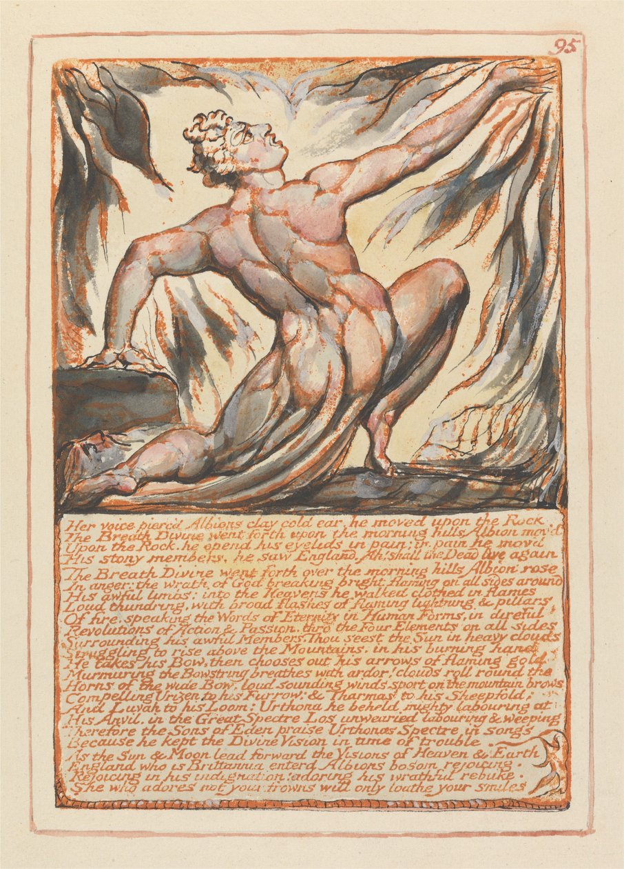 ”Hennes röst genomborrade Albions kalla leröra...” (Plansch 95) av William Blake