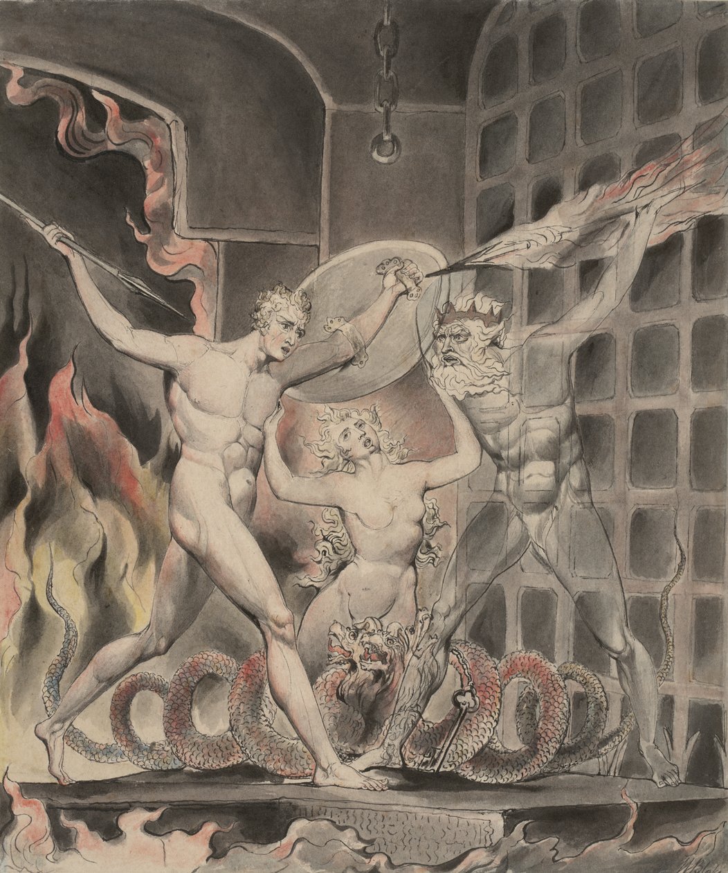 Illustration 2 till Miltons "Paradise Lost": Satan, synd och död: Satan kommer till helvetets portar, 1807 av William Blake