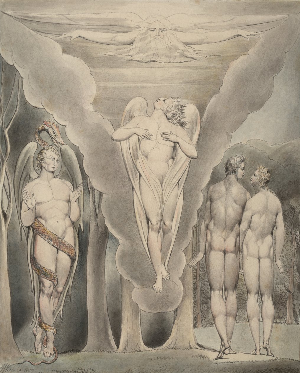Illustration 4 till Miltons "Paradise Lost": Satan spionerar på Adam och Eva och Rafaels nedstigning till paradiset, 1807 av William Blake