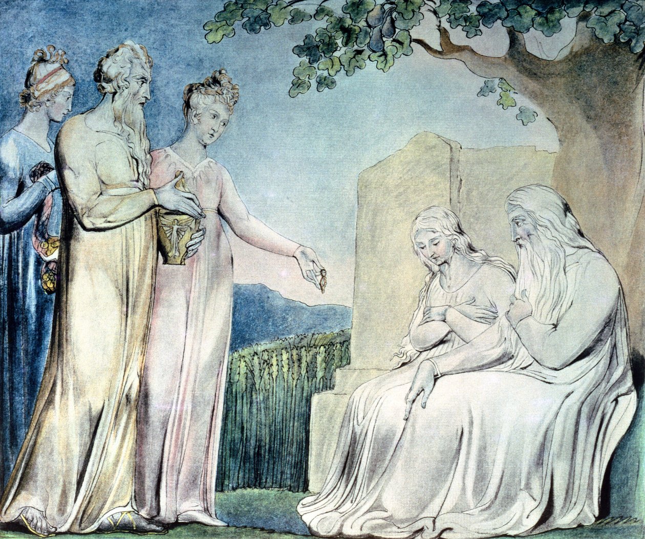 Illustrationer till Jobs bok; Job tar emot välgörenhet, 1825 (penna, vc och blyertspenna) av William Blake